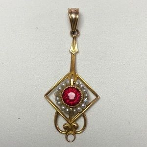 10k “Esemco” Art Deco Ruby & Pearl Seed Pendent